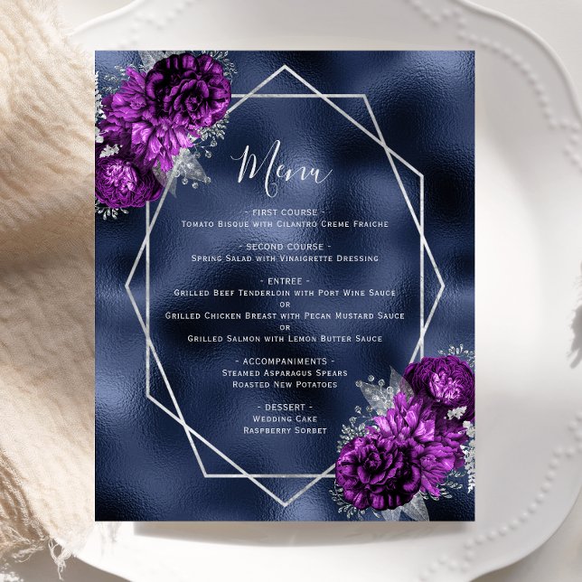 Menu de mariage argenté floral violet budget (Créateur téléchargé)
