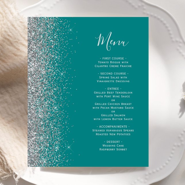 Menu de mariage argenté pailleté bleu sarcelle (Créateur téléchargé)