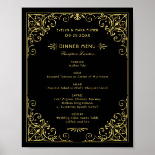 Menu de mariage Art Déco noir et or vintage