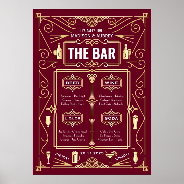 Menu de mariage Art déco or burgundy avec bar ouve (Devant)
