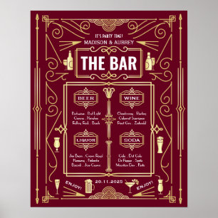 Menu de mariage Art Déco or et bordeaux avec bar o