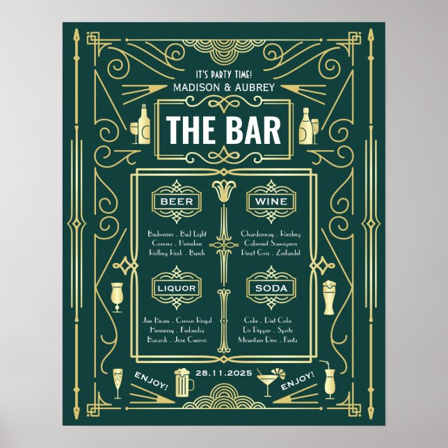 Menu de mariage Art Déco or et vert avec bar ouver (Devant)