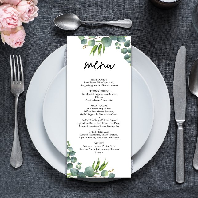 Menu de mariage au bois d'eucalyptus sauge (Sage eucalyptus woodland menu adds elegant charm and guides guests through your wedding meal.)
