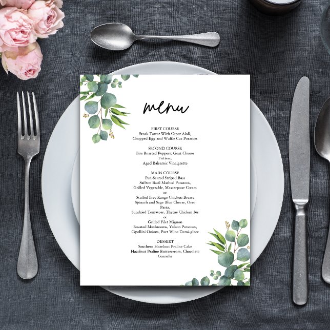 Menu de mariage au bois d'eucalyptus sauge (Sage eucalyptus woodland menu adds natural charm and guides guests through your wedding meal.)