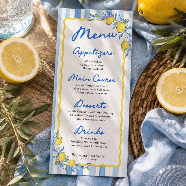Menu de mariage au citron rayé bleu méditerranéen (Créateur téléchargé)