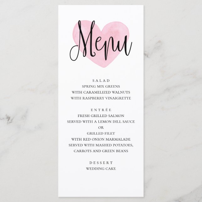 Menu de mariage au cœur rose. Dîner moderne romant (Devant)