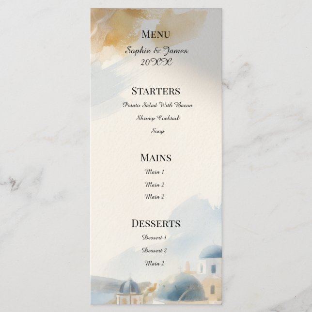 Menu de mariage au coucher de soleil à Santorin (Devant)