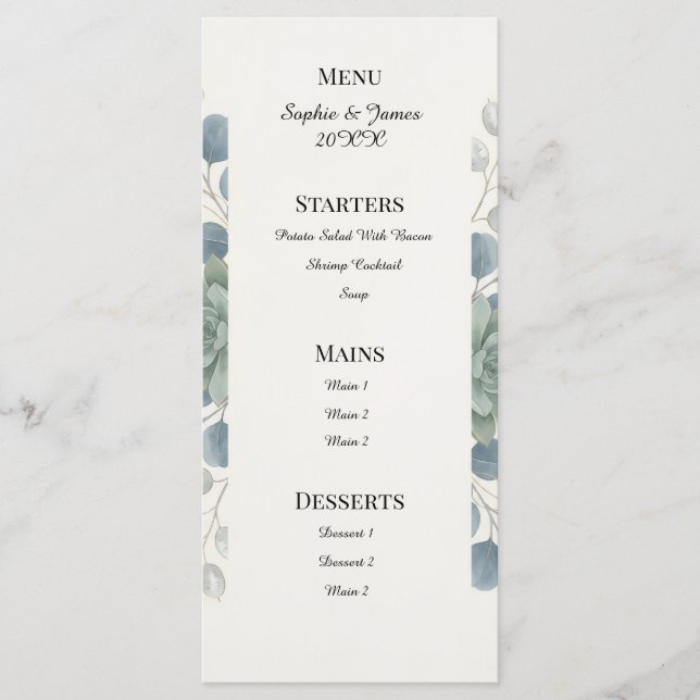 Menu de mariage au eucalyptus bleu poussiéreux (Devant)