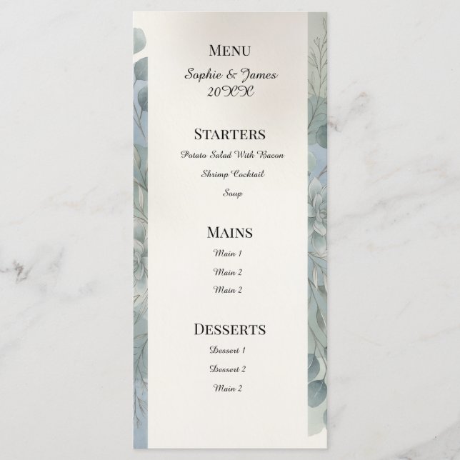 Menu de mariage au eucalyptus gris bleu (Devant)