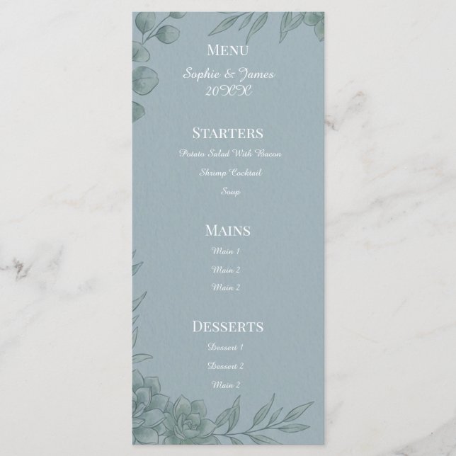 Menu de mariage au eucalyptus gris bleu (Devant)