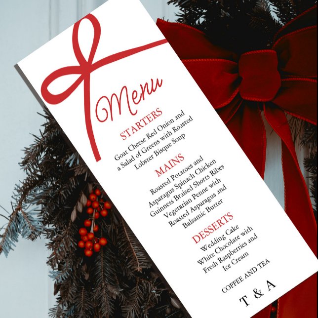 Menu de mariage au ruban rouge élégant (Elegant Red Bow Wedding Menu #zazzlemade #christmas #weddingmenu #dinner #redbowmenu #blackred)
