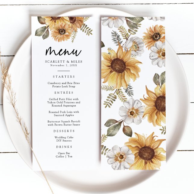 Menu de mariage au tournesol rustique (Rustic Watercolor Sunflower Floral Wedding Menu by Painted Paperie
)