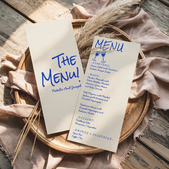 Menu de mariage au vin écrit à la main rétro bleu (Créateur téléchargé)