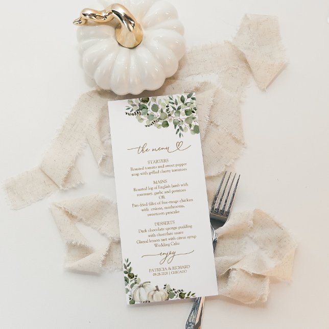 Menu de mariage automnal avec citrouilles blanches (Créateur téléchargé)