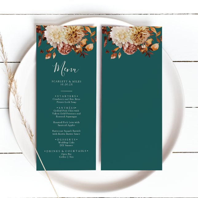 Menu de mariage automnal sarcelle (Elegant Teal Fall Floral Wedding Menu by Painted Paperie
)