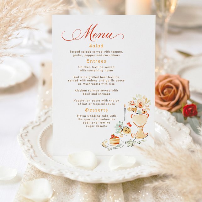 Menu de mariage automnal terreux dessiné à la main (Hand Illustrated Wedding Menu Card With Terracotta Earthy Retro Scene)