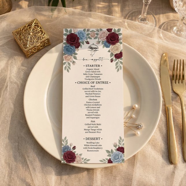 Menu de mariage aux élégantes roses de Bourgogne (Créateur téléchargé)