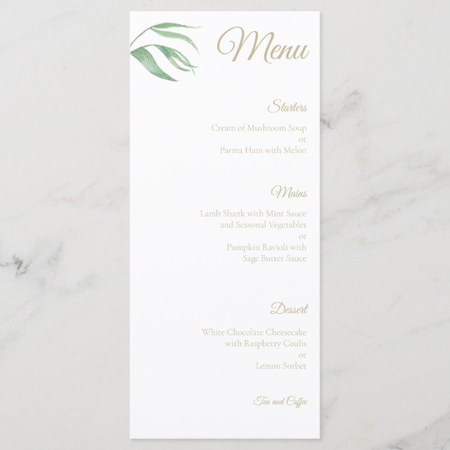 Menu de mariage aux feuilles de plantes tropicales (Devant)