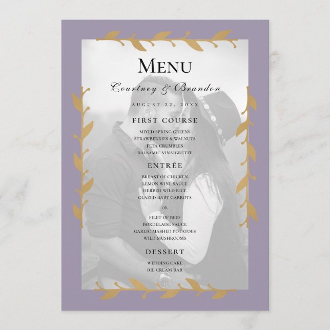 Menu de mariage aux feuilles d'or et photo moderne (Devant)