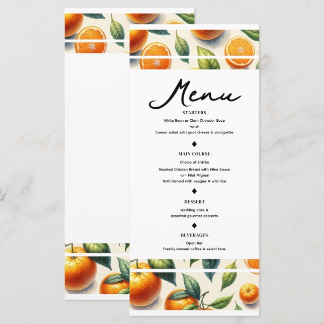 Menu de mariage aux feuilles d'orange et aux agrum (Devant / Derrière)