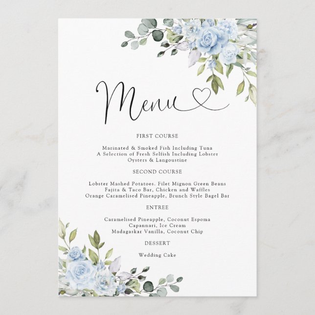 Menu de mariage aux fleurs bleues poussiéreuses d' (Devant)