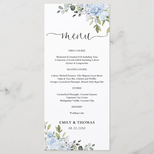 Menu de mariage aux fleurs bleues poussiéreuses d' (Devant)