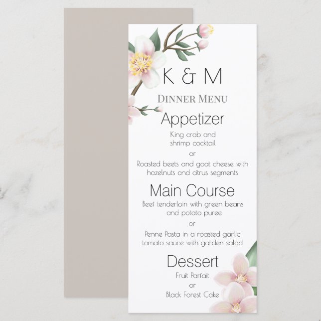 Menu de mariage aux fleurs de pommier à l'aquarell (Devant / Derrière)