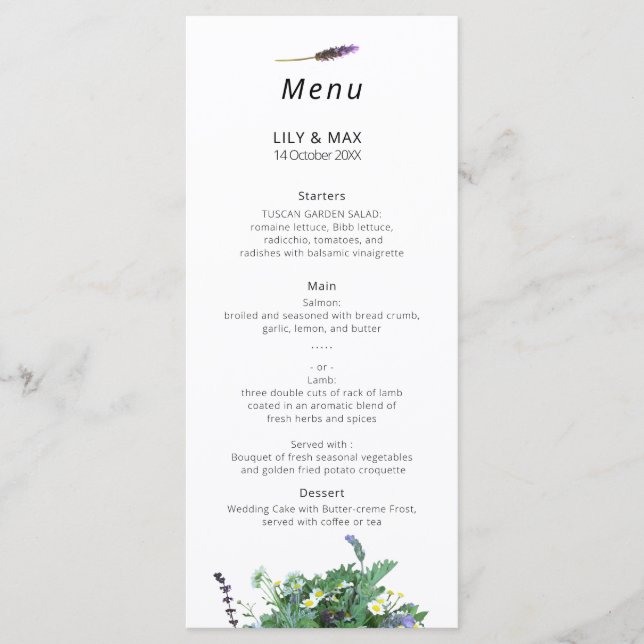 Menu de mariage aux fleurs sauvages botaniques (Devant)