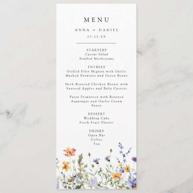 Menu de mariage aux fleurs sauvages colorées (Devant)