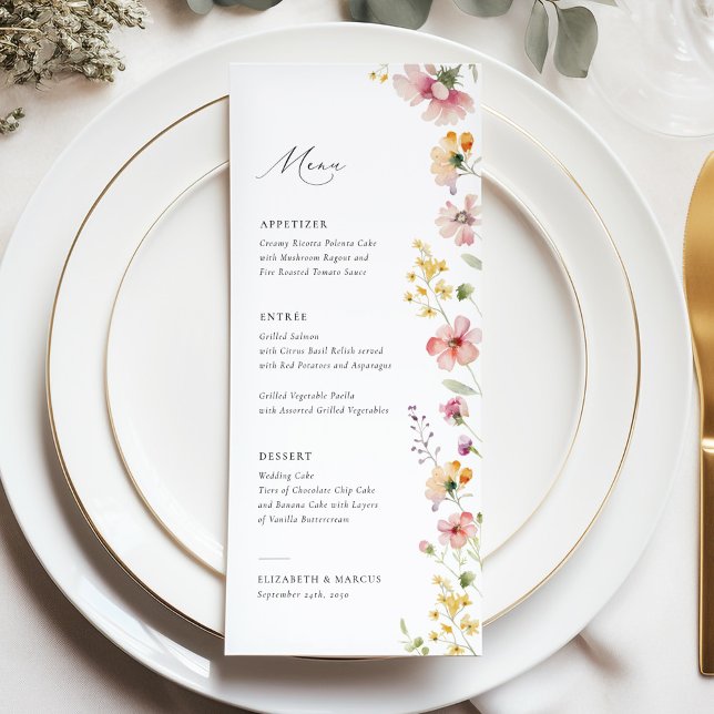 Menu de mariage aux fleurs sauvages de Boho Meadow (Elegant boho meadow wildflower wedding menu with soft pastel florals and refined serif typography)