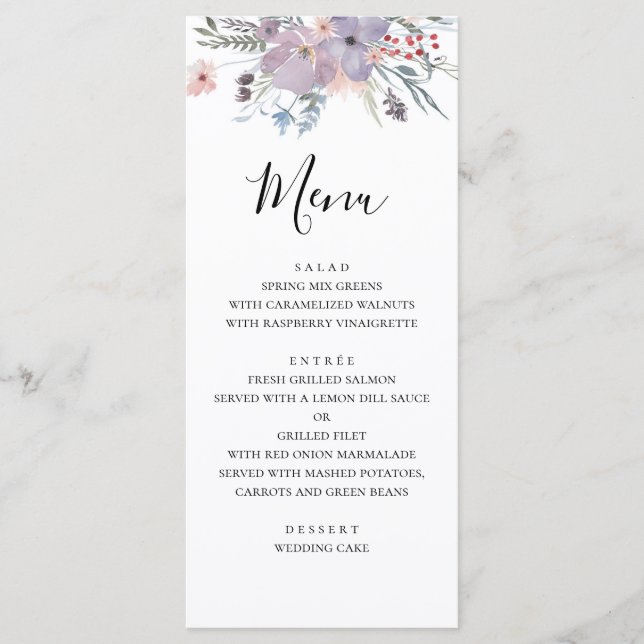 Menu de mariage aux fleurs violettes. Menu de dîne (Devant)