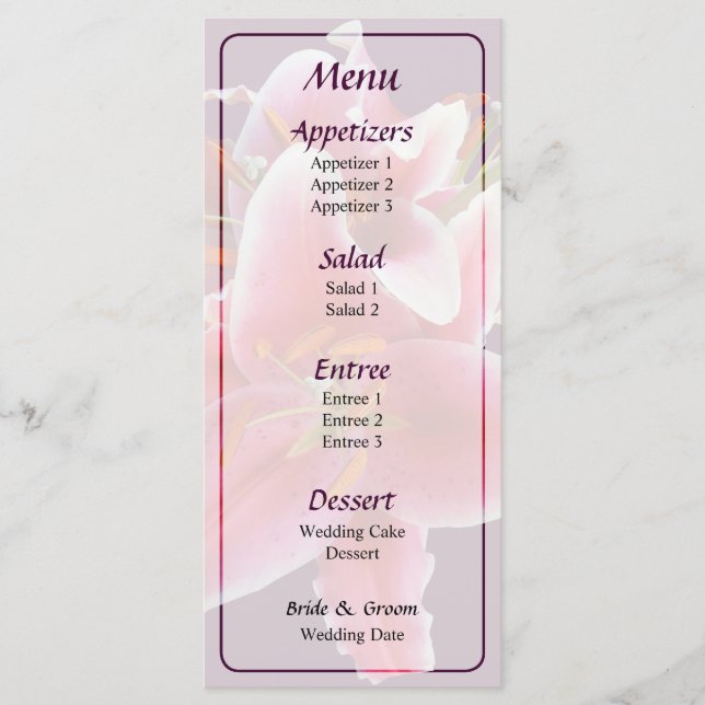 Menu de mariage aux lys Stargazer en bouquet (Devant)