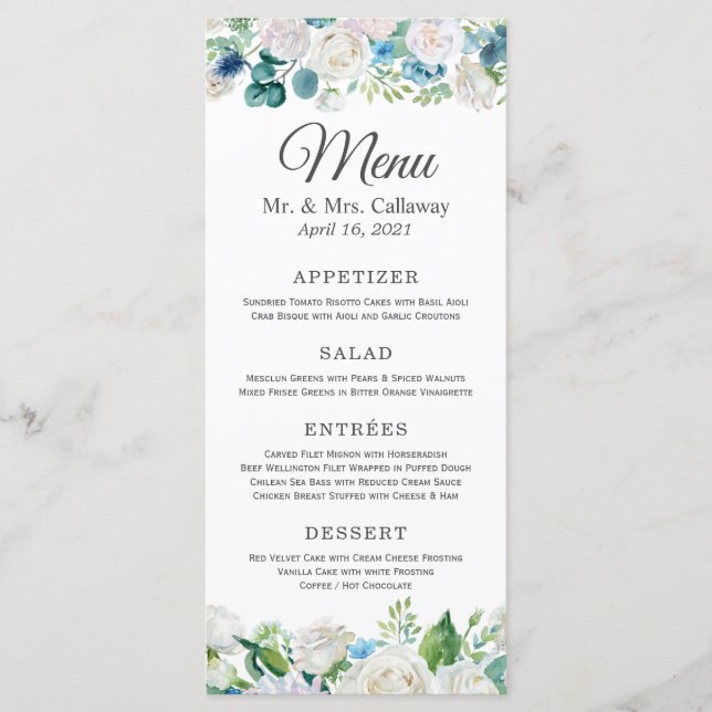 Menu de mariage aux pivoines bleues vert sauge (Devant)