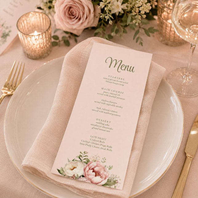 Menu de mariage aux pivoines rose poussiéreux (Dusty Blush Peony Wedding Menu)