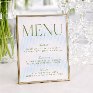 Menu de mariage aux rayures vert sauge et bleu mod