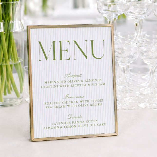Menu de mariage aux rayures vert sauge et bleu mod (Modern Sage Green & Blue Stripes Wedding Menu)