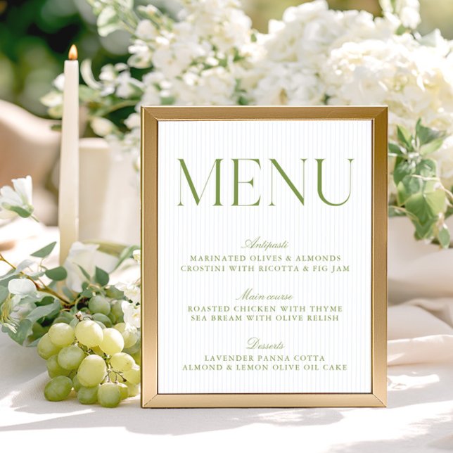 Menu de mariage aux rayures vert sauge moderne et  (Modern Sage Green & Soft Blue Stripes Wedding Menu)