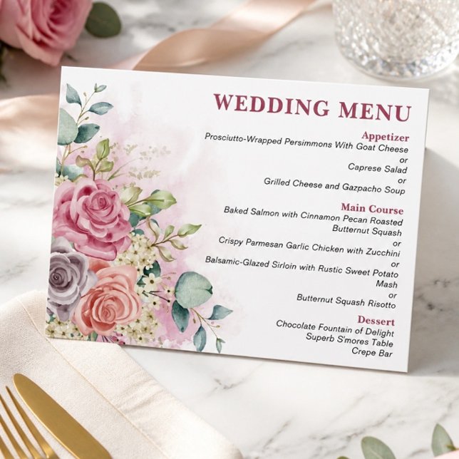 Menu de mariage aux roses aquarelles (Créateur téléchargé)