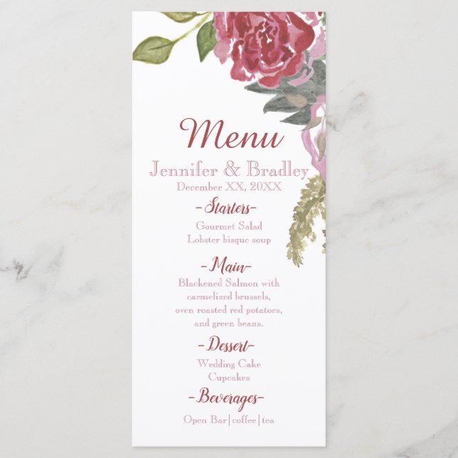 Menu de mariage aux roses aquarelles (Devant)