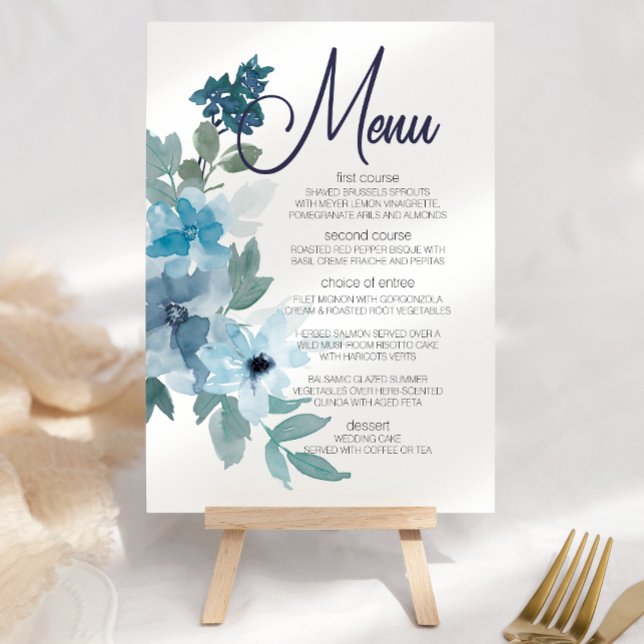 Menu de mariage aux roses aquarelles bleu pastel m (Créateur téléchargé)