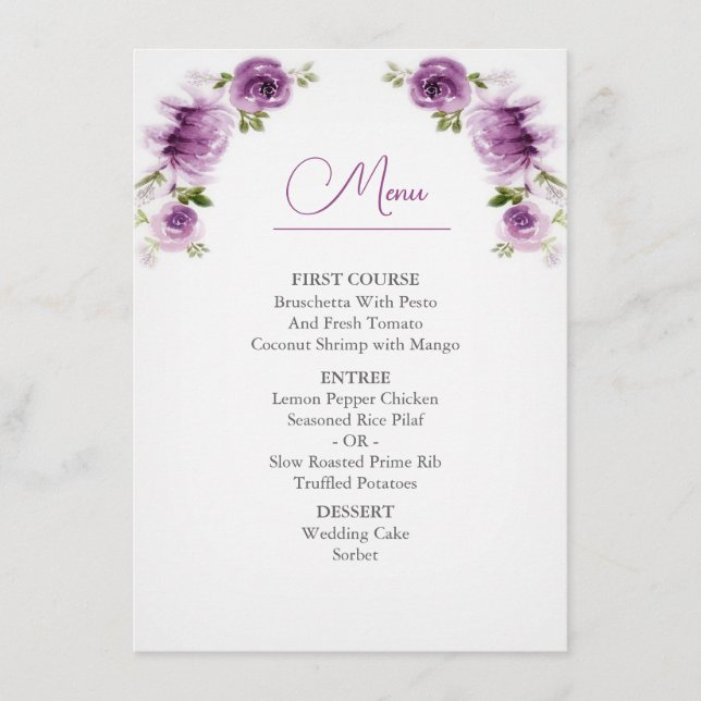 Menu de mariage aux roses et pivoines fuchsia aqua (Devant)