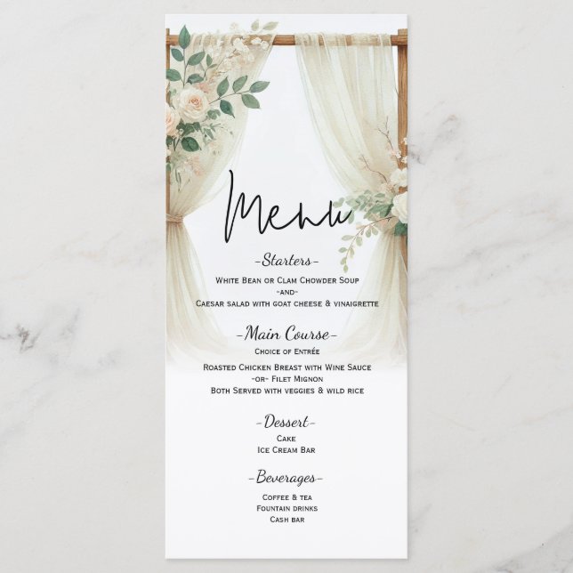 Menu de mariage aux roses et verdure avec arche en (Devant)