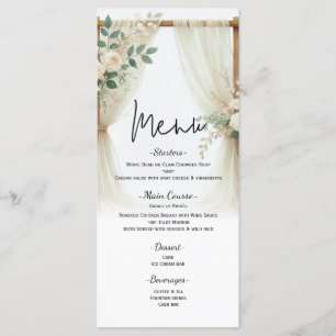 Menu de mariage aux roses et verdure avec arche en