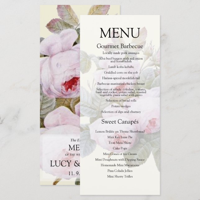 Menu de mariage aux roses françaises vintage (Devant / Derrière)