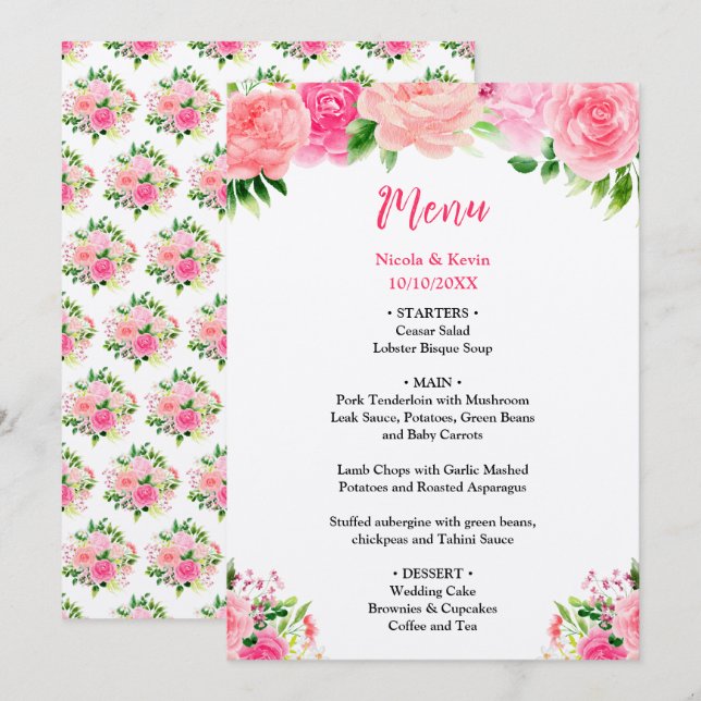 Menu de mariage aux roses roses avec feuillage (Devant / Derrière)