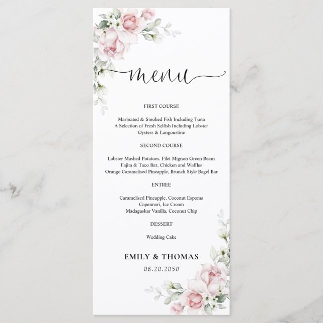 Menu de mariage aux roses roses blush (Devant)