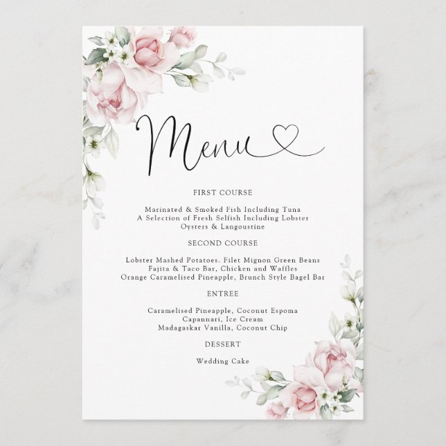 Menu de mariage aux roses roses blush (Devant)