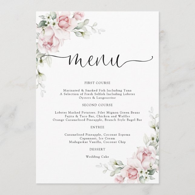 Menu de mariage aux roses roses blush (Devant)