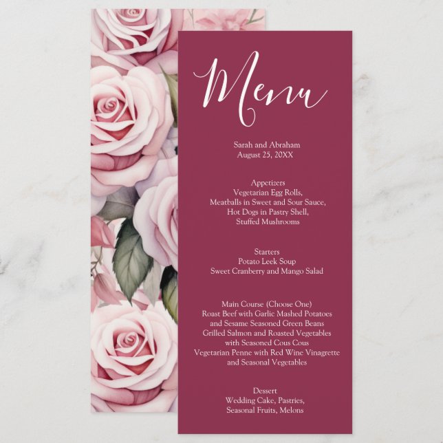 Menu de mariage aux roses roses et blanches élégan (Devant / Derrière)