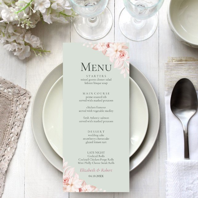 Menu de mariage aux roses roses et vert sauge roma (Romantic Beige and Pink Roses Wedding Menu on an elegant wedding table with flowers)